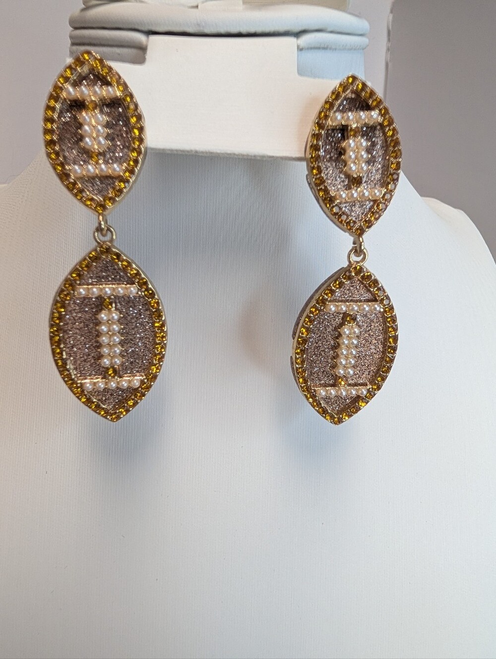 Gold-Tone Drop Football Earrings with Pearl Accent - Women Jewelry